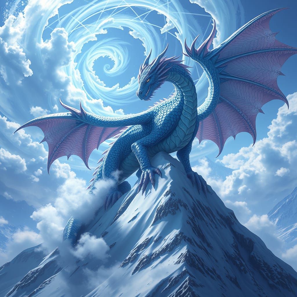 Majestic Dragon Perched Atop Snowy Mountain Peak