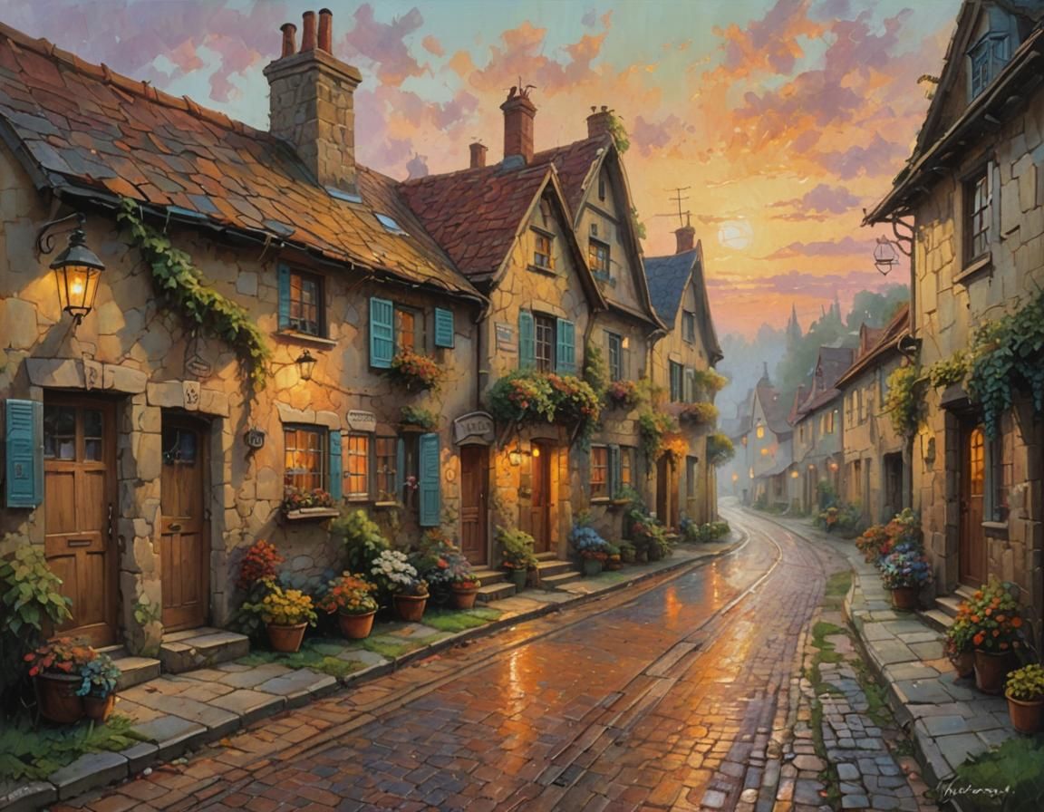 Quaint Village Sunset: An Impasto Oil Painting