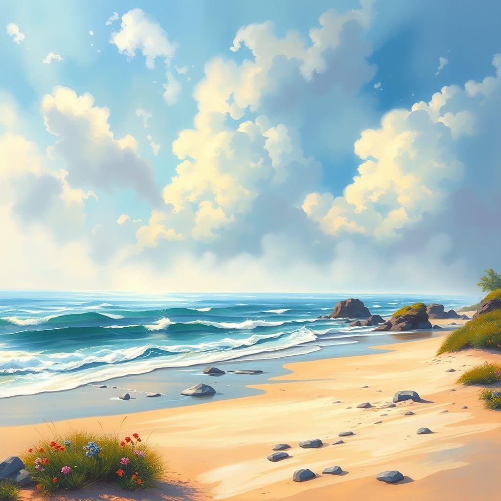 Ethereal Summer Beach in Impressionist Maximalist Style