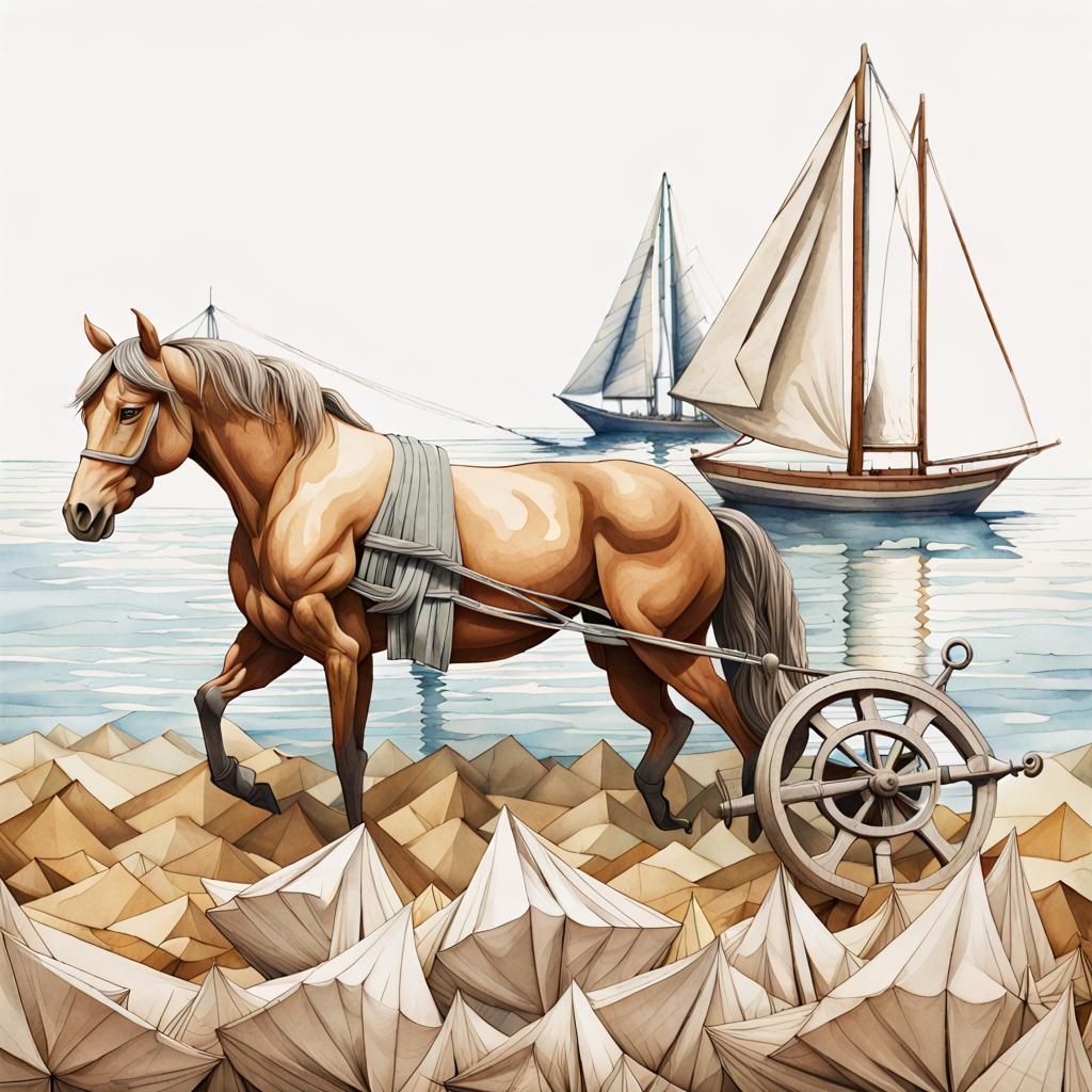 Horse Plows Field of Sailboats as Origami