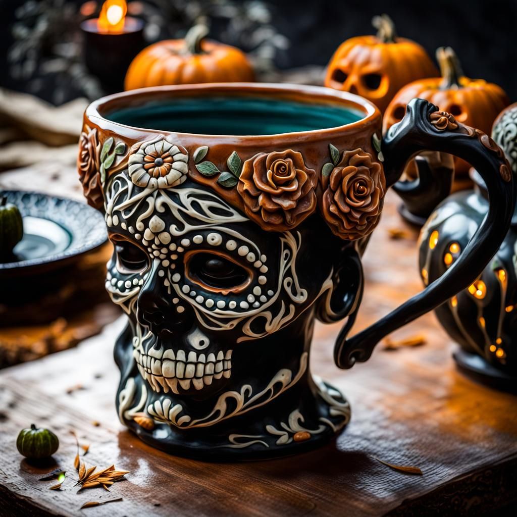 Sugarskull Woman Clay Pottery: An Art Nouveau Image