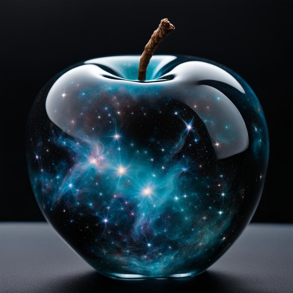 Nebula-Filled Glass Apple Against Dark Background