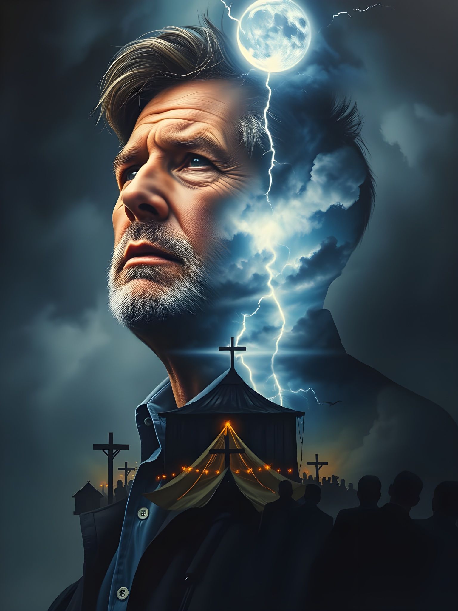 Weathered Preacher Amidst Metaphysical Storm