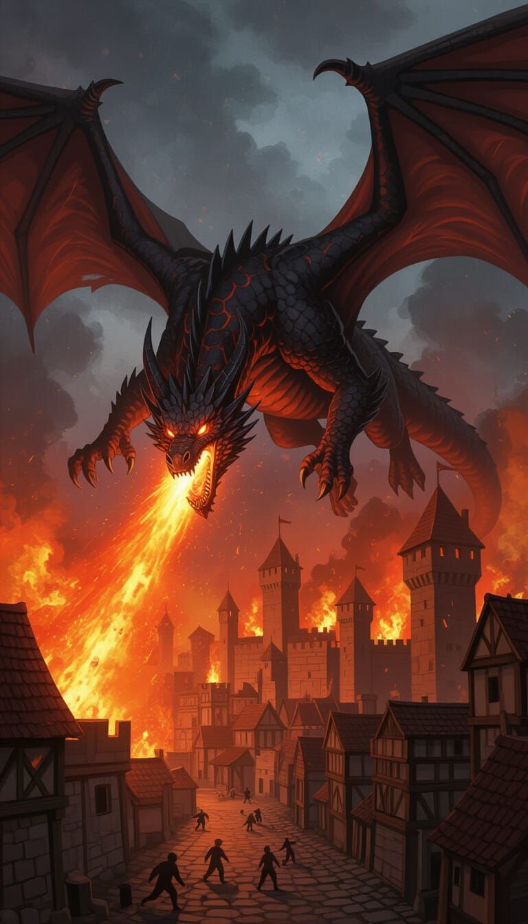 Fierce Dragon Unleashes Firestorm on Medieval City