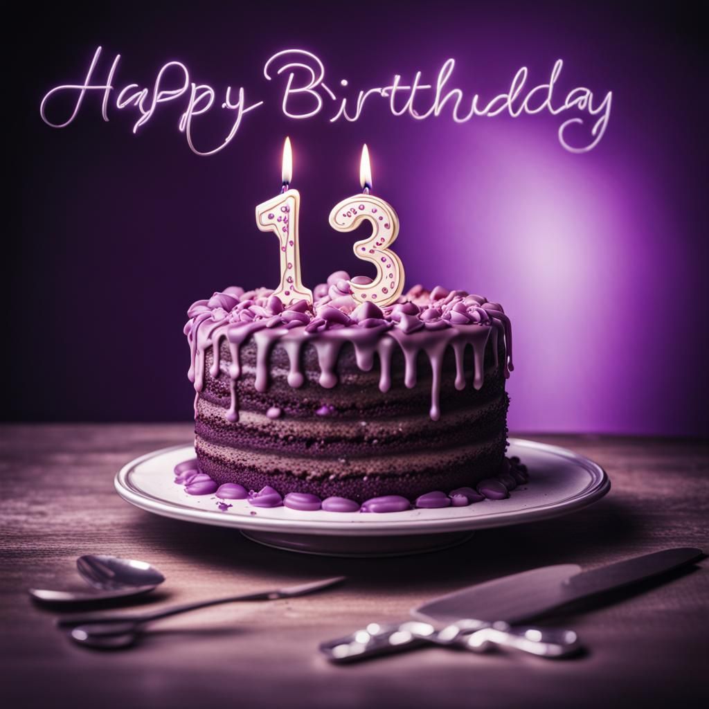 Purple Birthday Card with Cake and Number 13