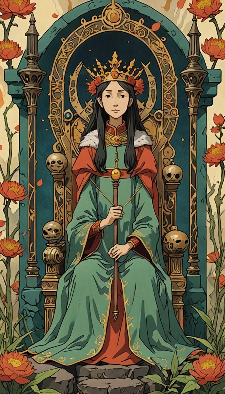 Queen of Wands Tarot Card: Studio Ghibli Style