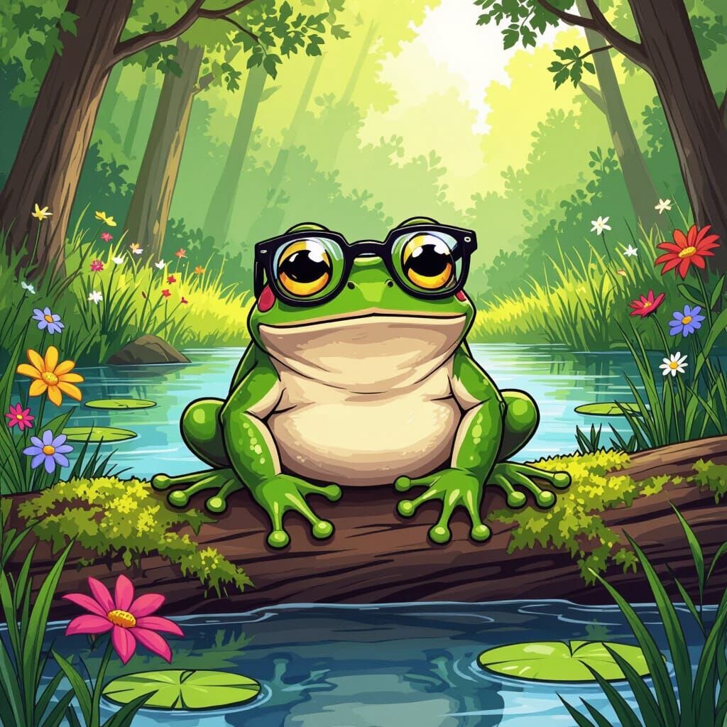 Frog in Glasses: Comic Book Art Style