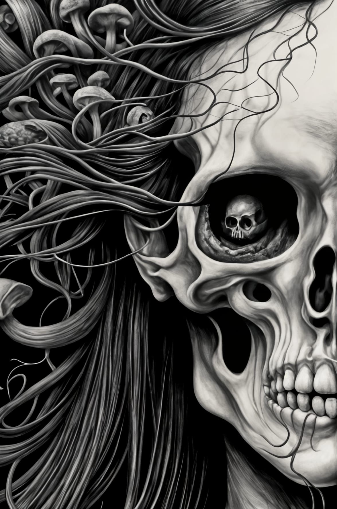 Surreal Gothic Woman with Mushroom Skull, Pencil Sketch