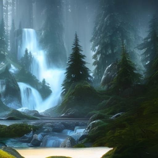 Remote Mountain Waterfall in Spruce Forest