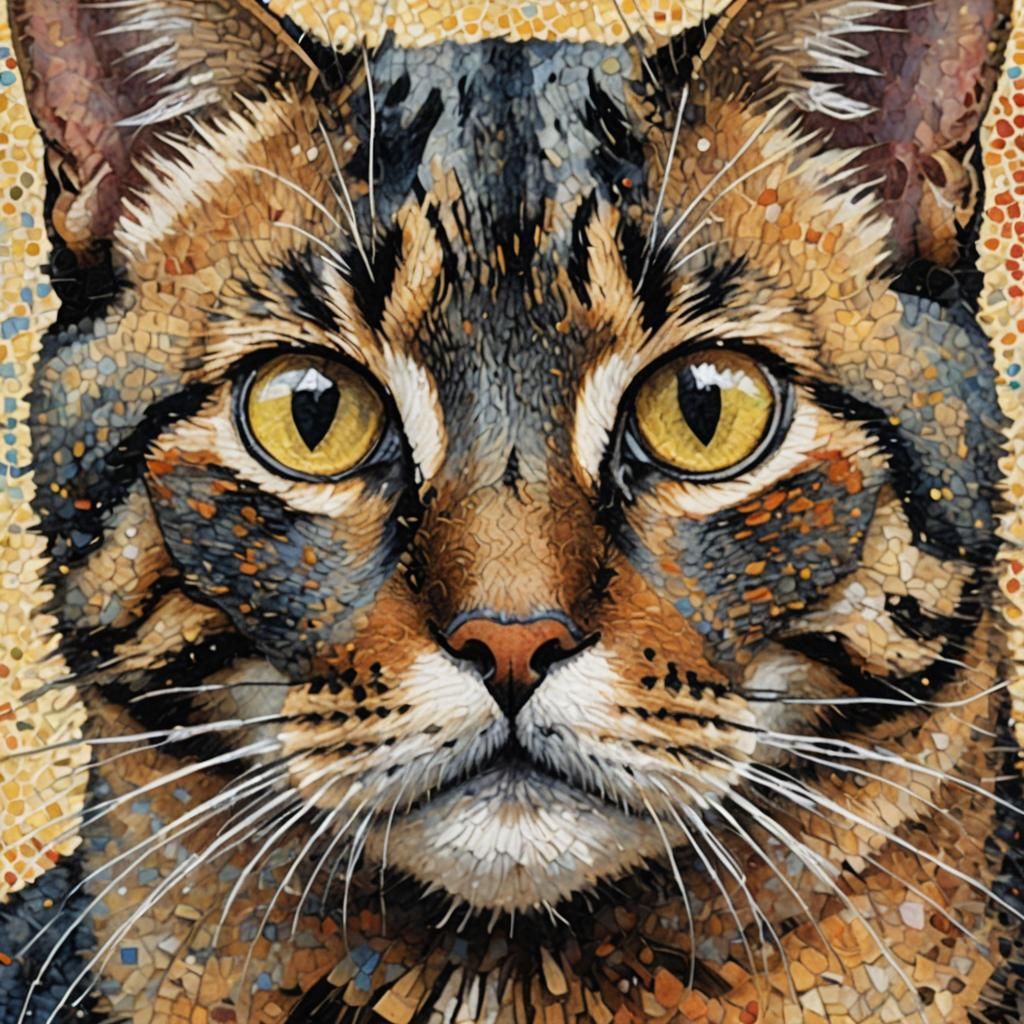 Pointillist Tortoiseshell Cat Portrait with Intelligent Gaze
