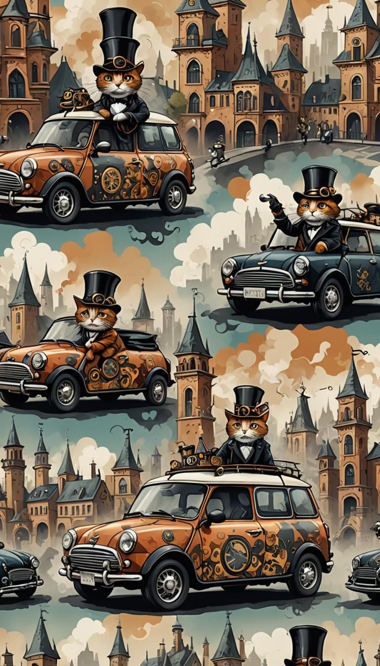 Steampunk Cats Adorn Cityscape on Minivan Car Wrap