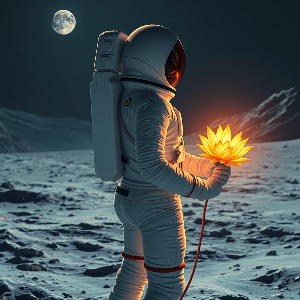 Moonlit Astronaut Holds Radiant Bloom
