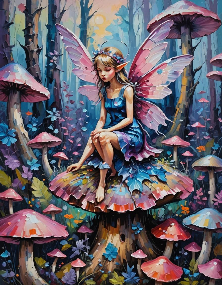 Winged Fairy in Mushroom Forest, Expressionist Impasto Oil P...