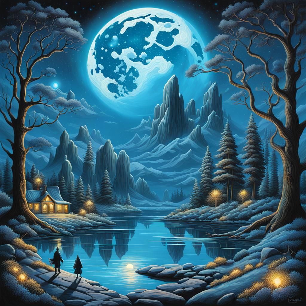 Mystical Bioluminescent Portal Behind Blue Supermoon