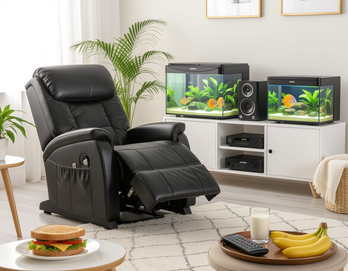 Man Relaxing in Massage Recliner with Tropical Aquarium
