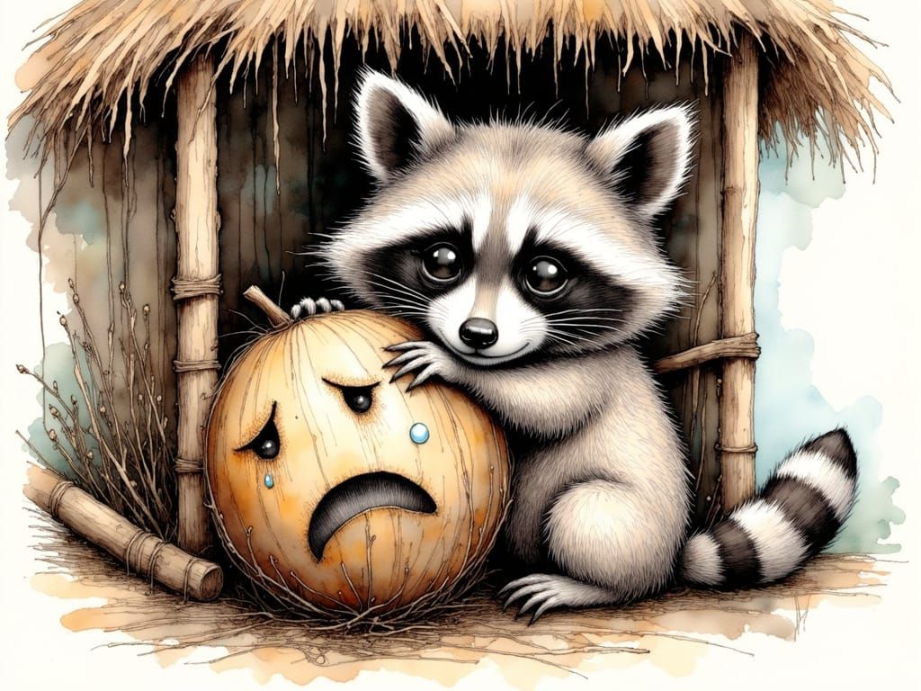 Sad Raccoon on Deserted Island in Ink Style