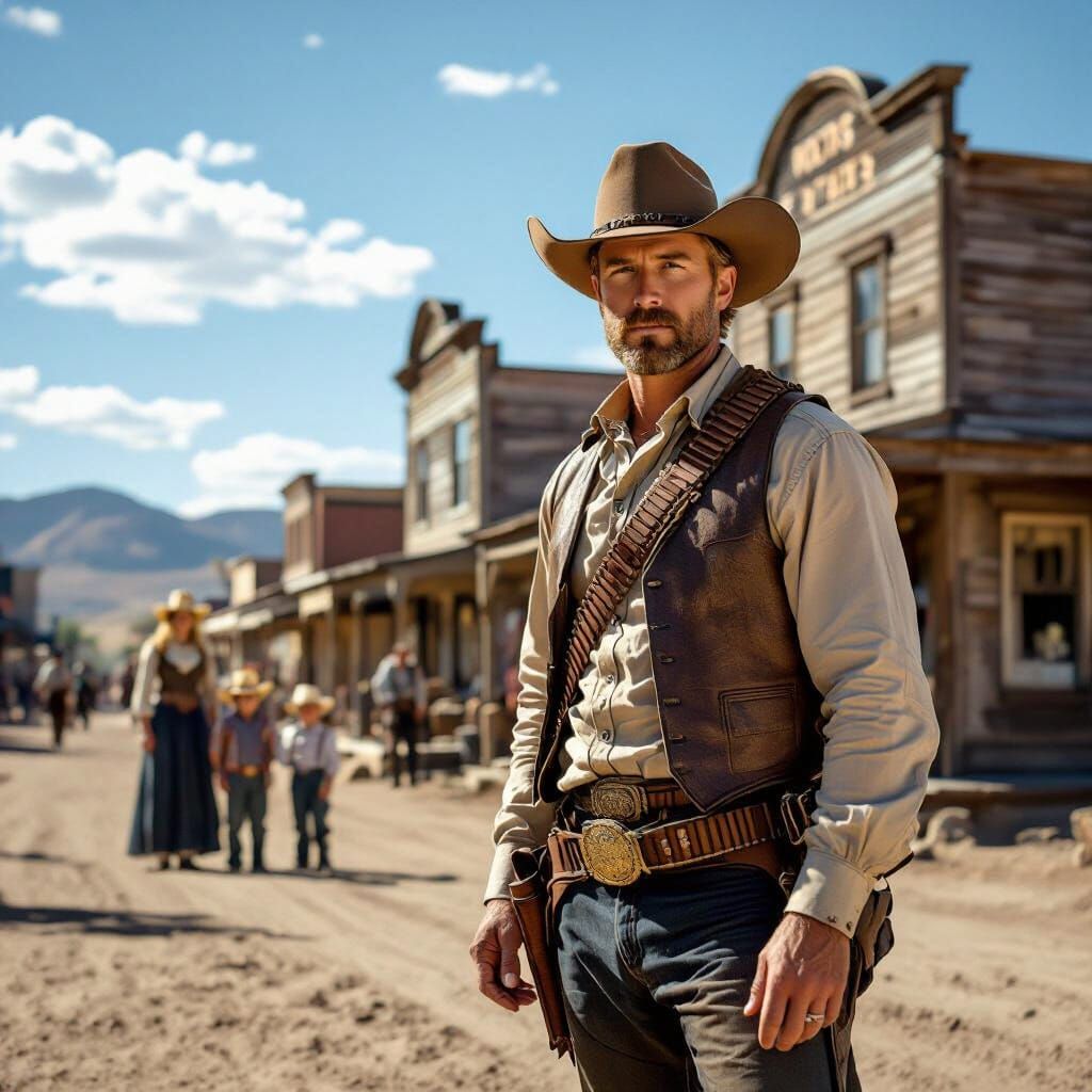 Man in Cowboy Hat on Bustling Wild West Street