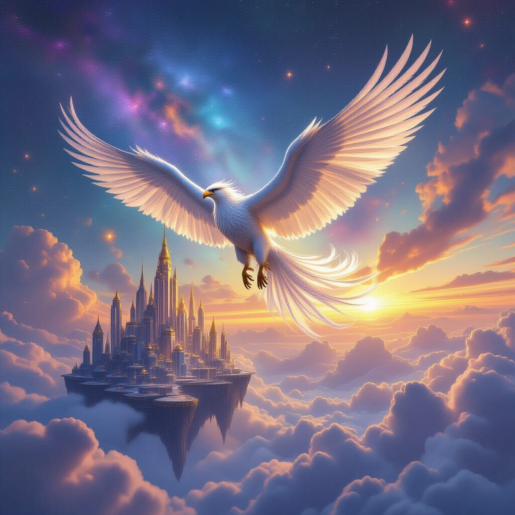 Majestic Griffin Soars Over Crystalline City in Nebula Sky