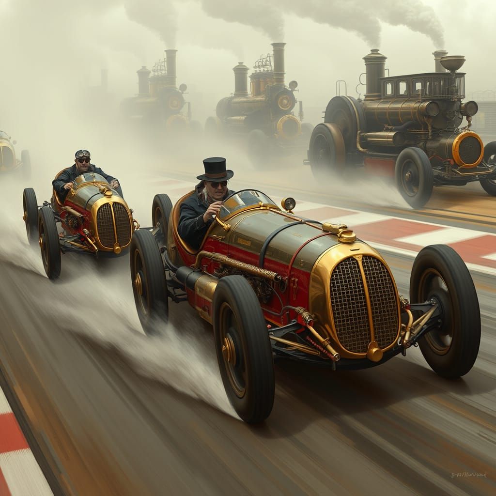 Steampunk Racing on Misty Track with Brass Accents