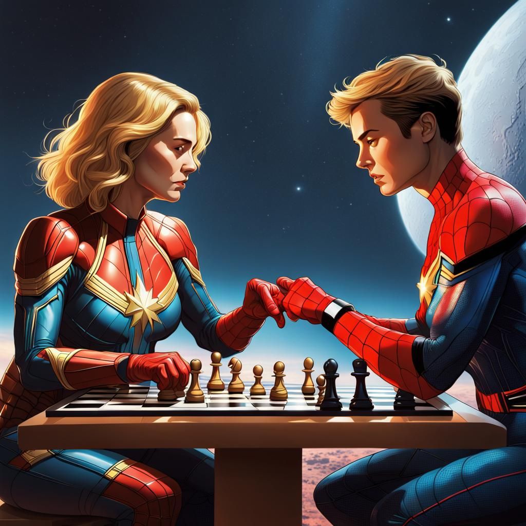 Captain Marvel and Spiderman Play Chess in Space