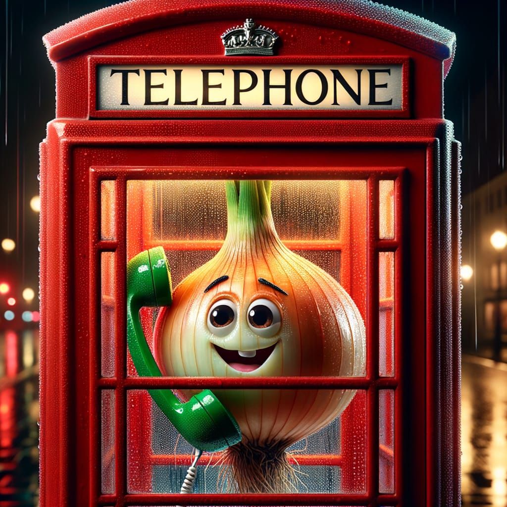 Anthropomorphic Onion in British Phone Booth