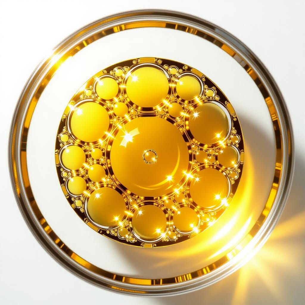 Golden Oil Droplets in Liquid Macro Photo