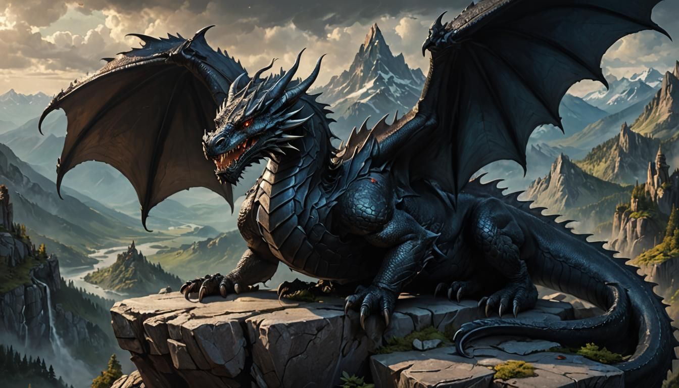 Black Dragon Slumbering in Mountain Lair