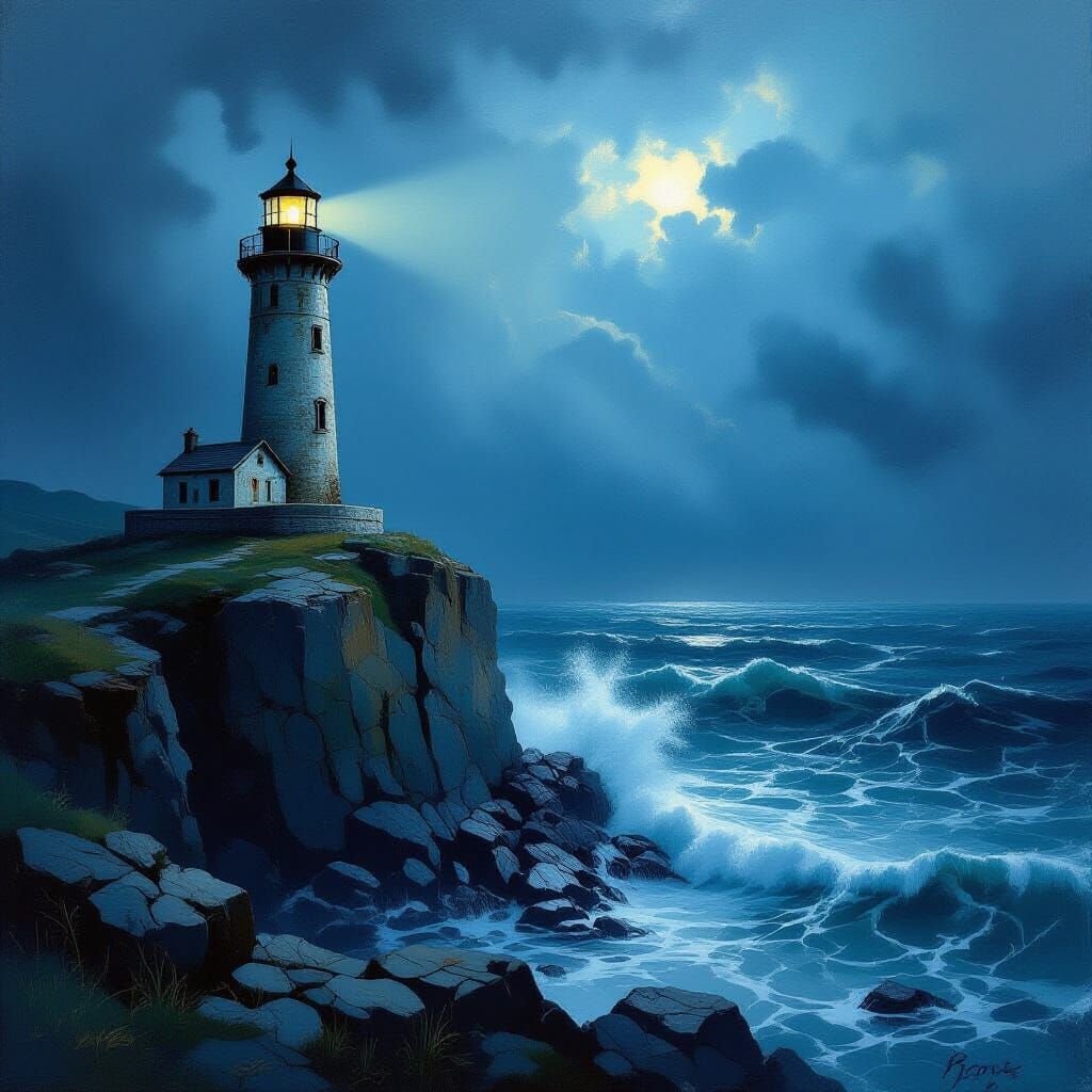 Dramatic Lighthouse Beacon on Stormy Coast