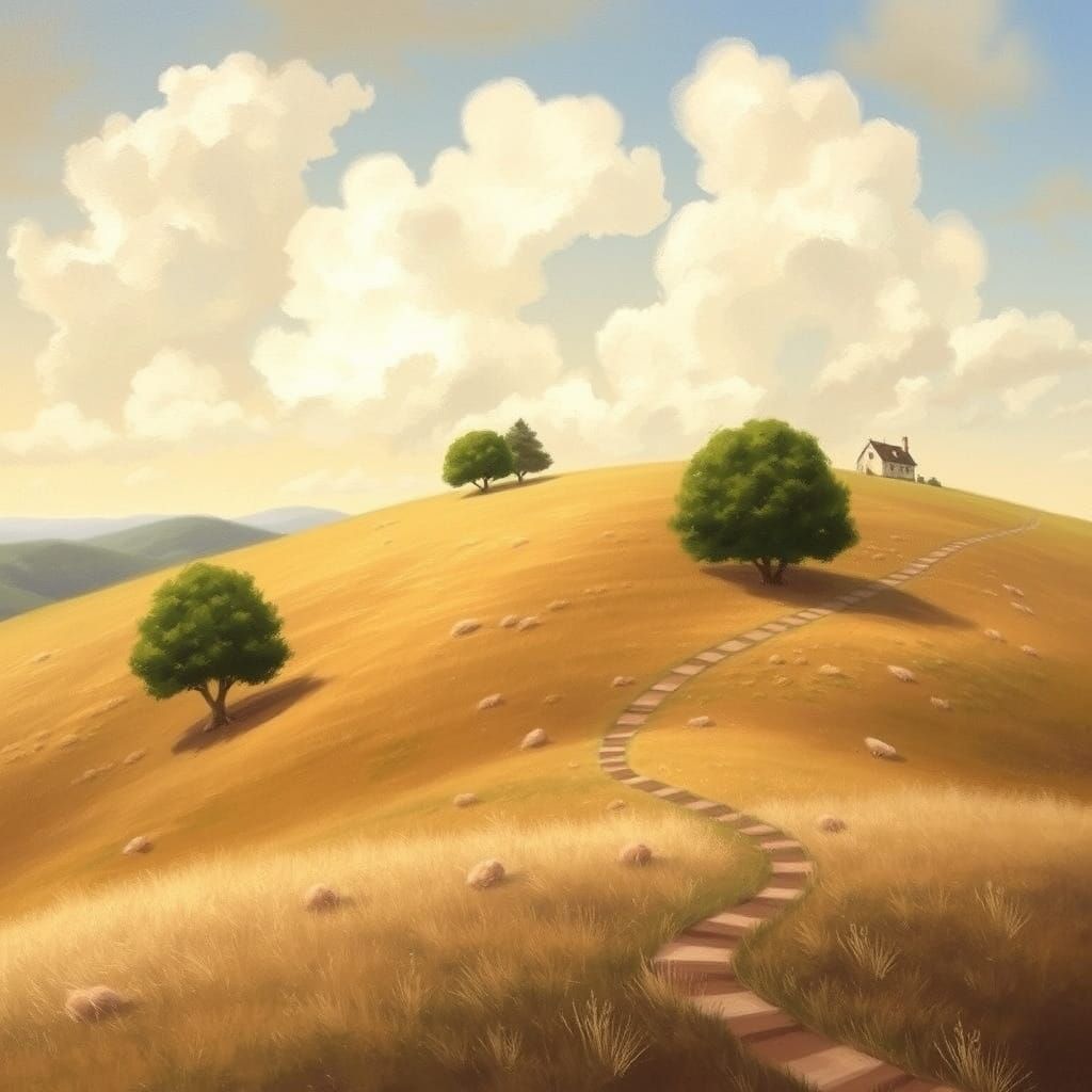 Idyllic Countryside Scene in Soft Watercolor Style