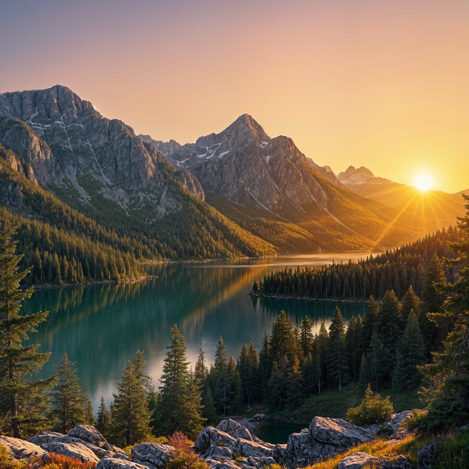 Tranquil Alpine Lake at Sunset