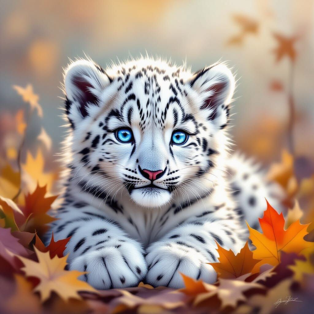 Hyperrealistic Baby Snow Leopard in Autumn Mist