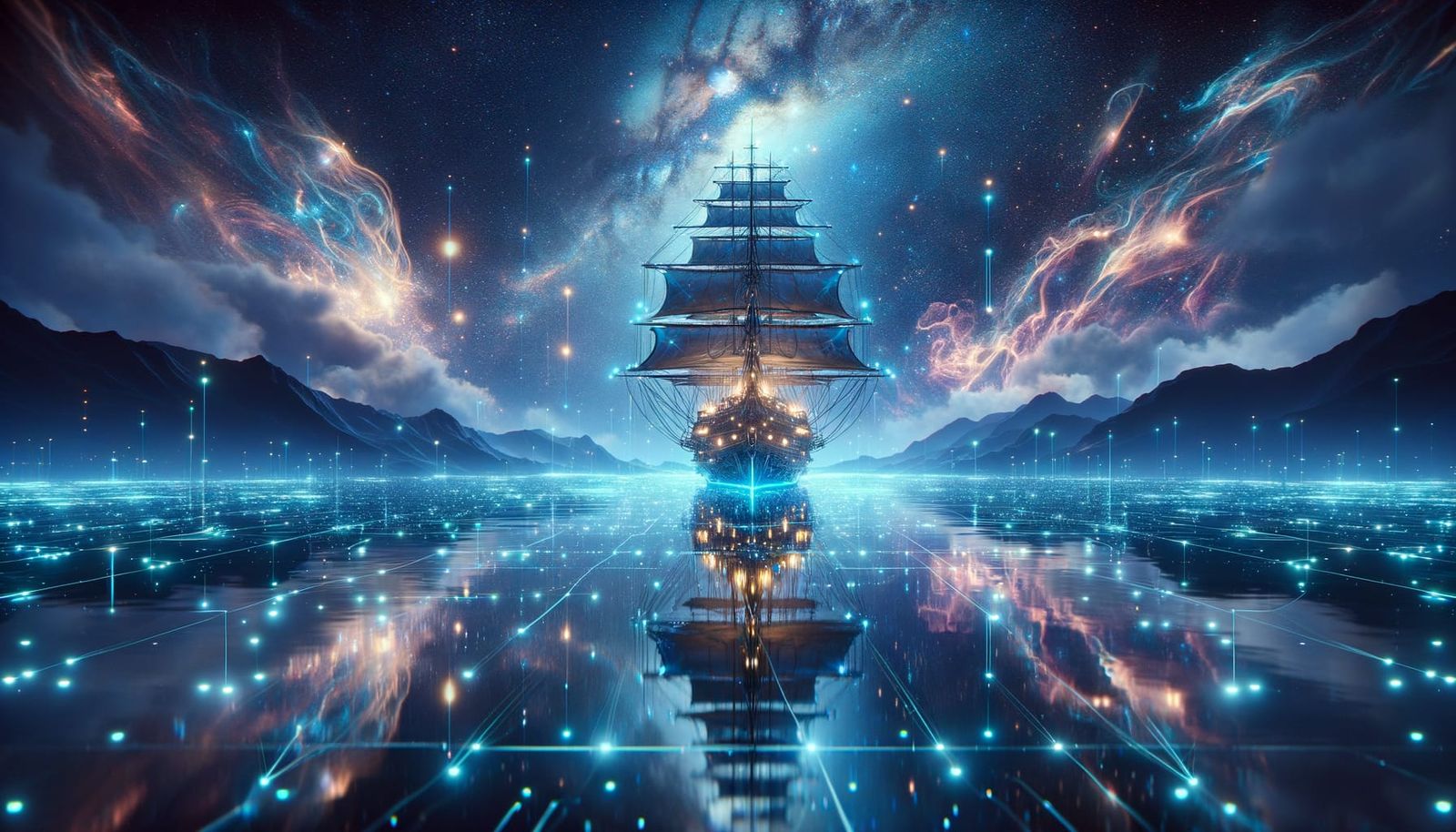 Futuristic Pirate Ship on Bioluminescent Sea
