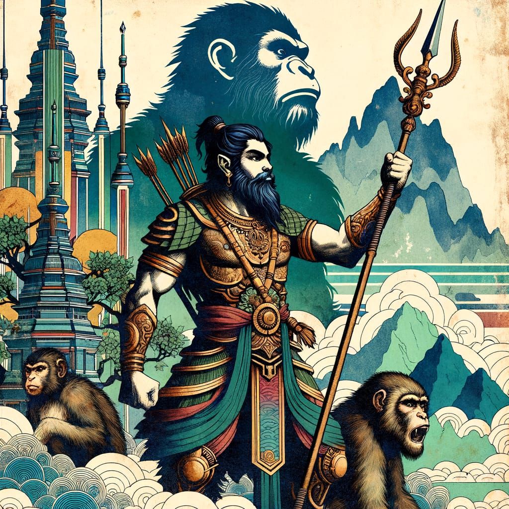 Warrior God Dominates Primates in Watercolor Ukiyo-e Style