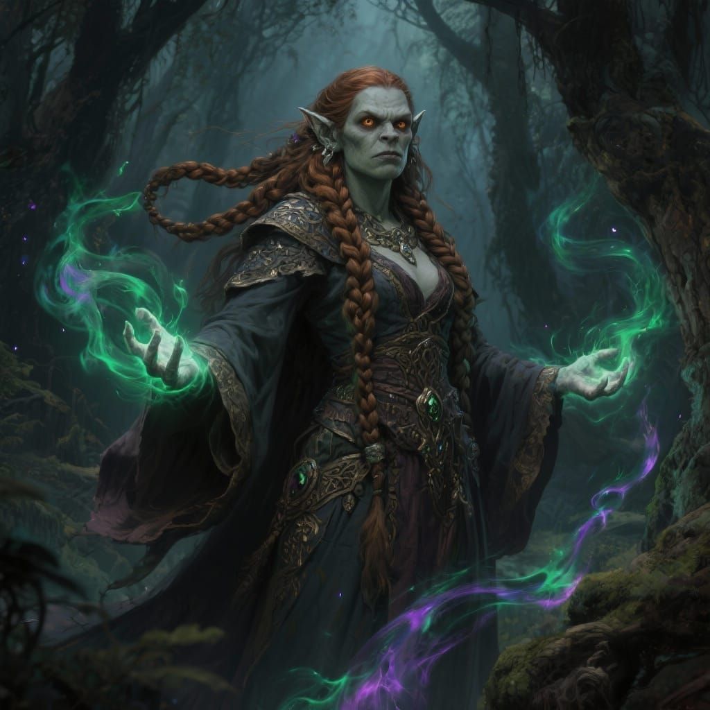 Female Half-Ogre Sorcerer in Enchanted Forest