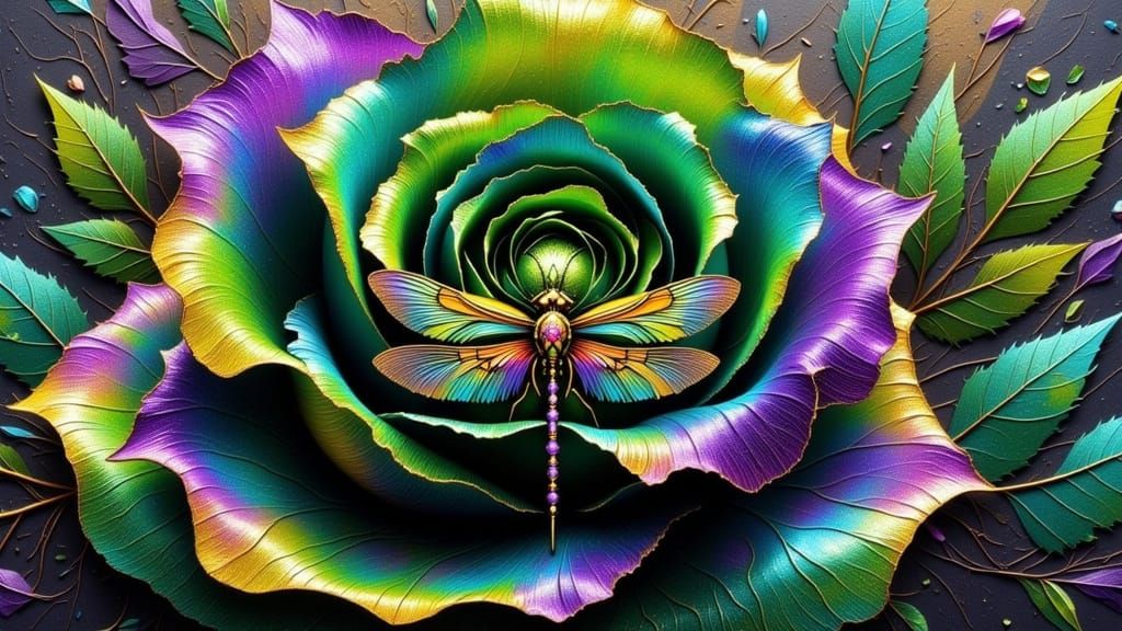 Steampunk Dragonfly in Vibrant Abstract Fractal Landscape