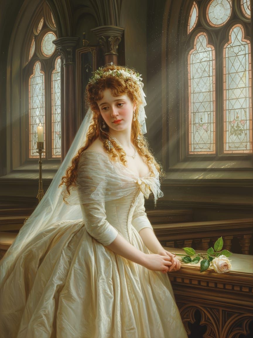 Victorian Bride in Gothic Church Oil Portrait