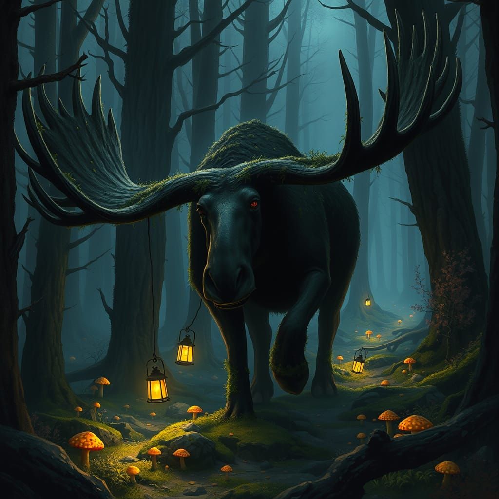Mystical Moose Lights Lanterns in Dark Fantasy Forest