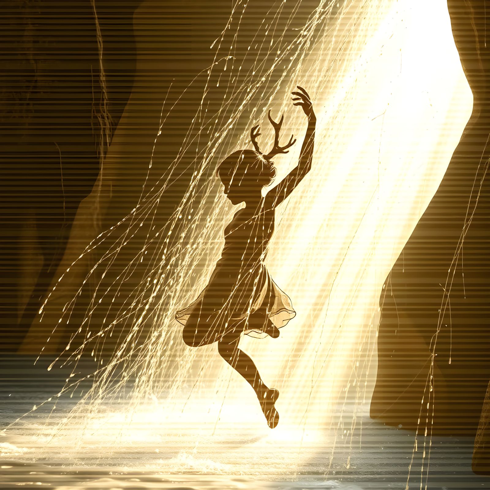 Ethereal Dancer Child Under Waterfall with Fractal Light