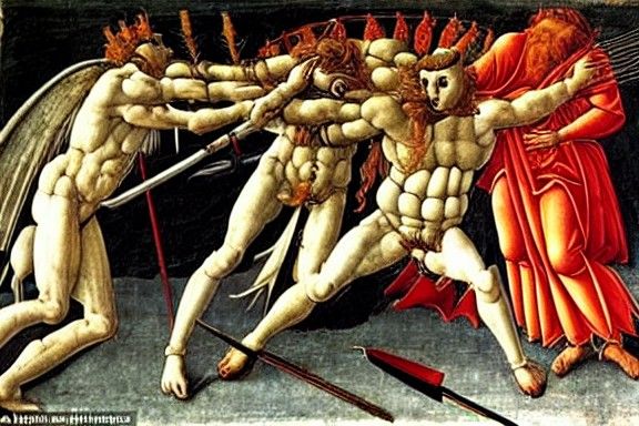 Humans Fight Demon in Colosseum as Renaissance Painting