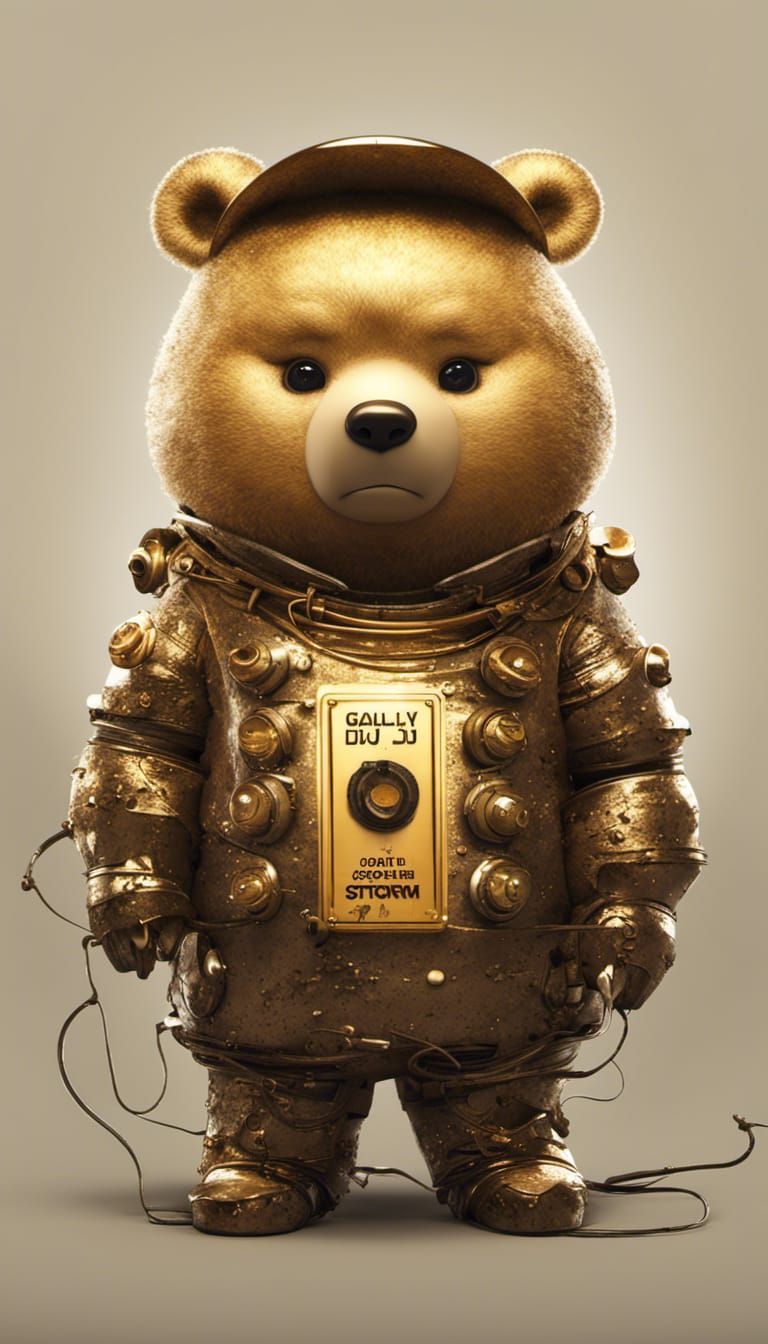 Chibi Samurai Bear Character in Golden Chrome