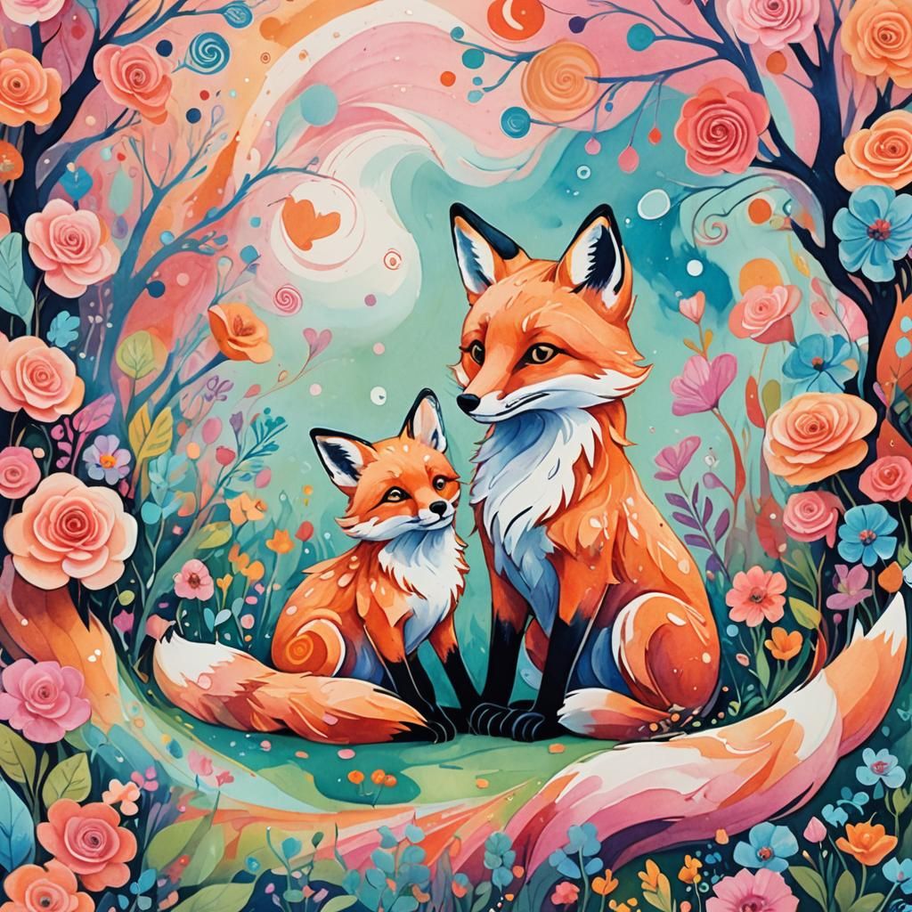 Whimsical Fox and Cub Gouache Illustration