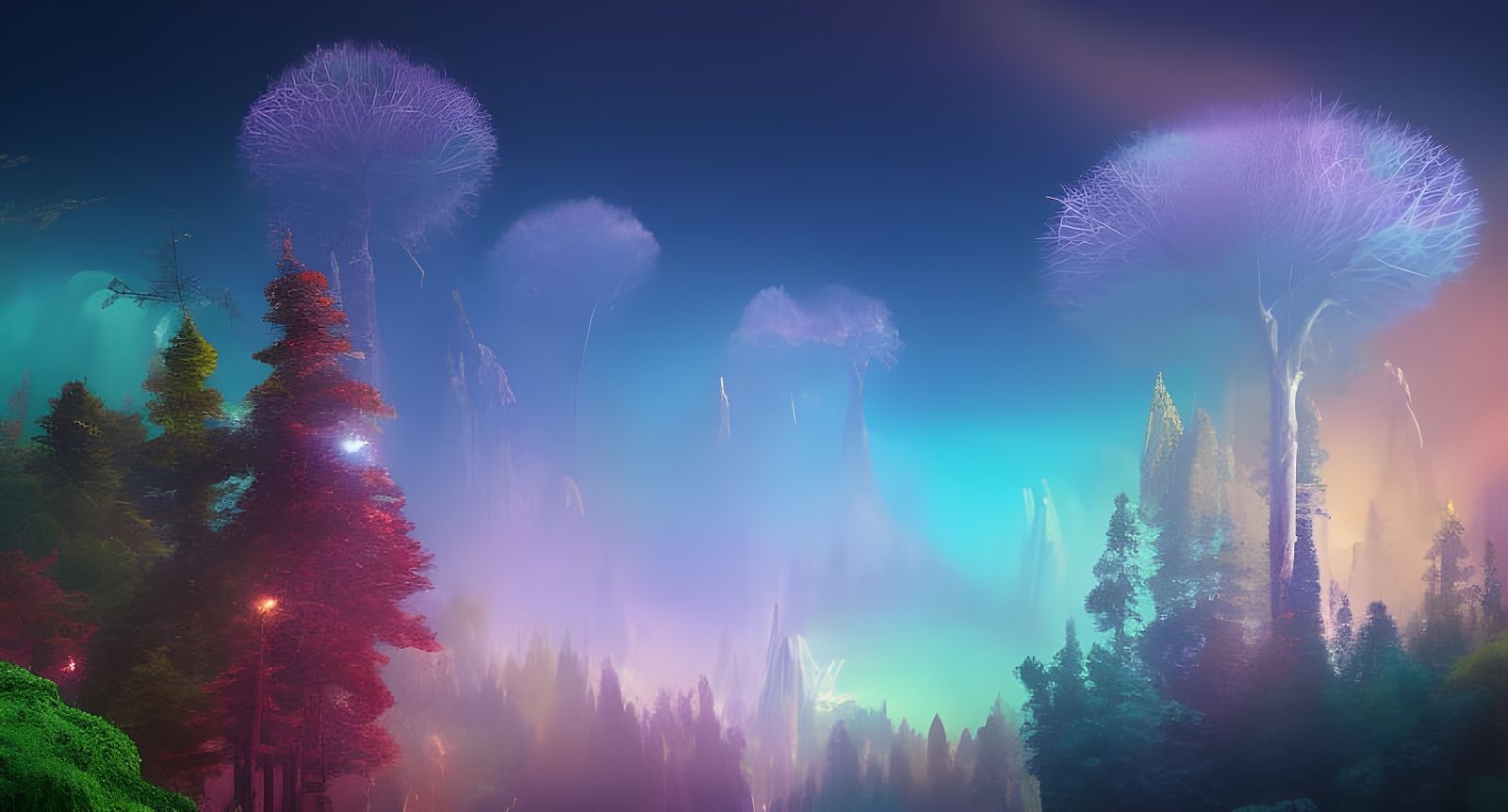 Magical Forest with Synthwave Castle and Flying Creatures