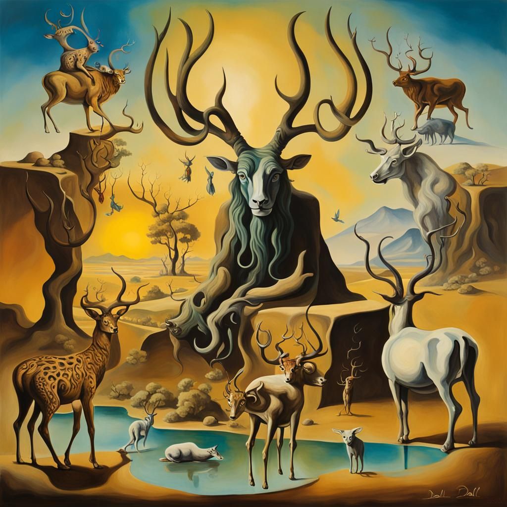 Cernunnos and Animals in Surrealist Style