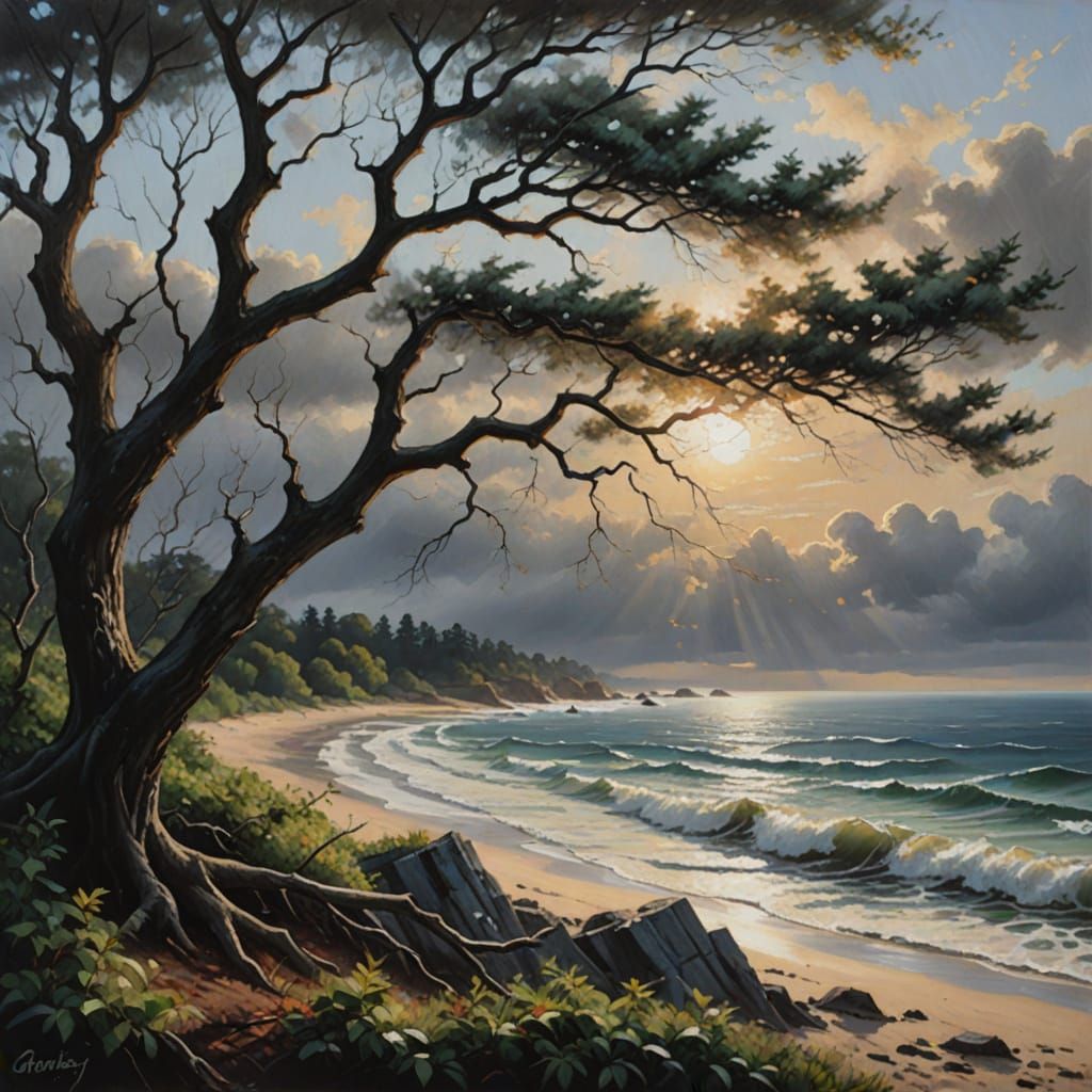 Impressionistic Oil Painting of Dark Trees by the Sea
