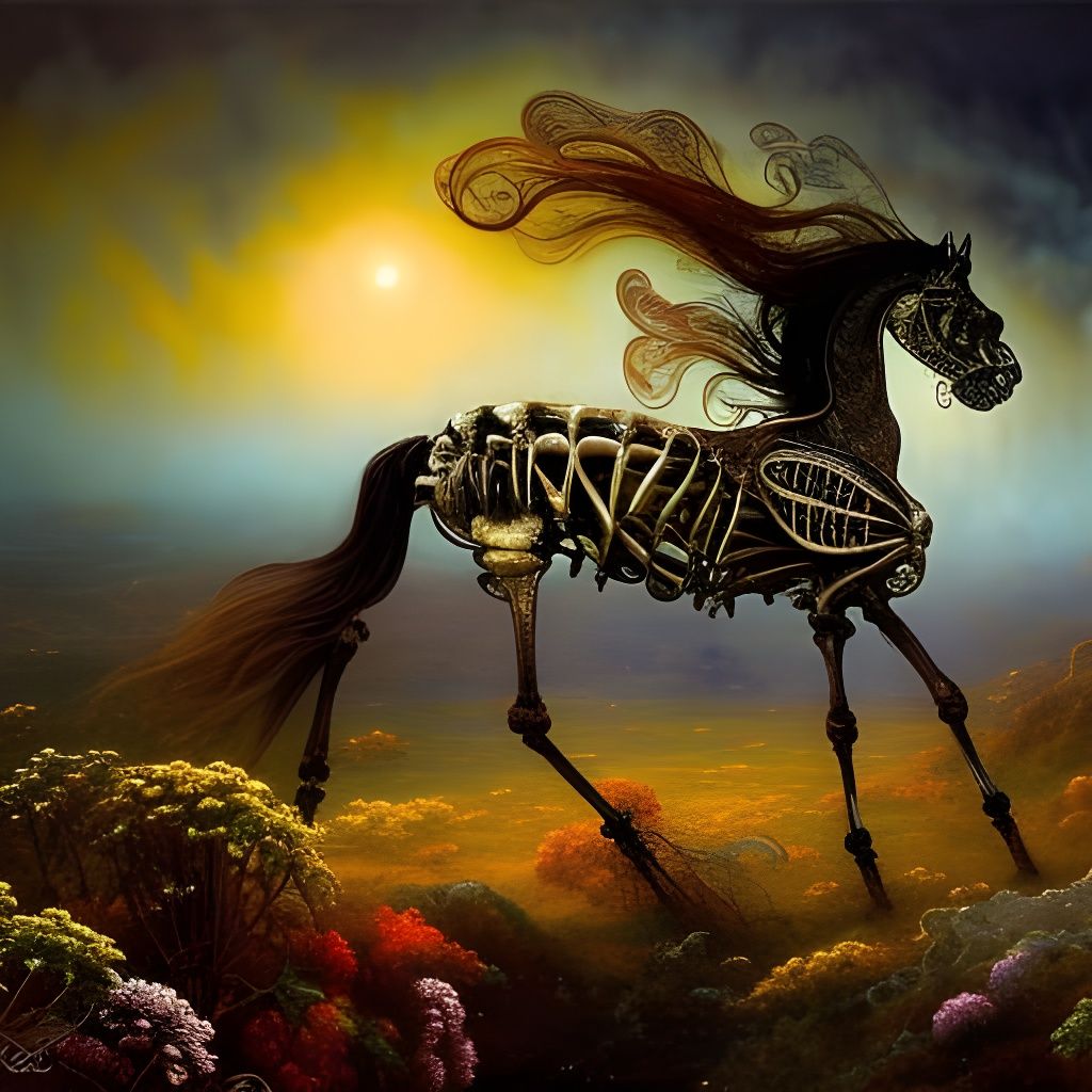 Bioluminescent Skeleton Horse Leaping Across Misty Landscape