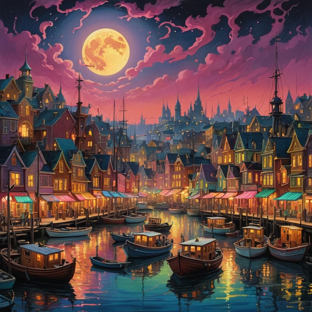 Victorian Harbour Under Neon Moon: Fantasy Art