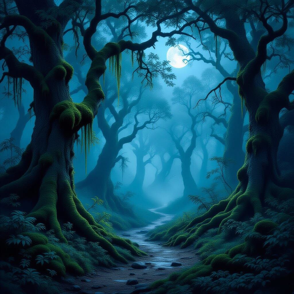 Mystical Ancient Forest Path in Ethereal Moonlight