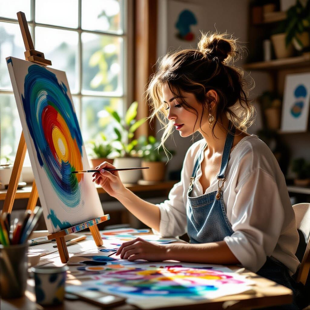 Artist Painting in Sunny Studio - Cinematic Film Still