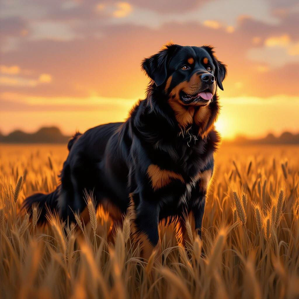Majestic Long-Haired Rottweiler in Golden Hour Field