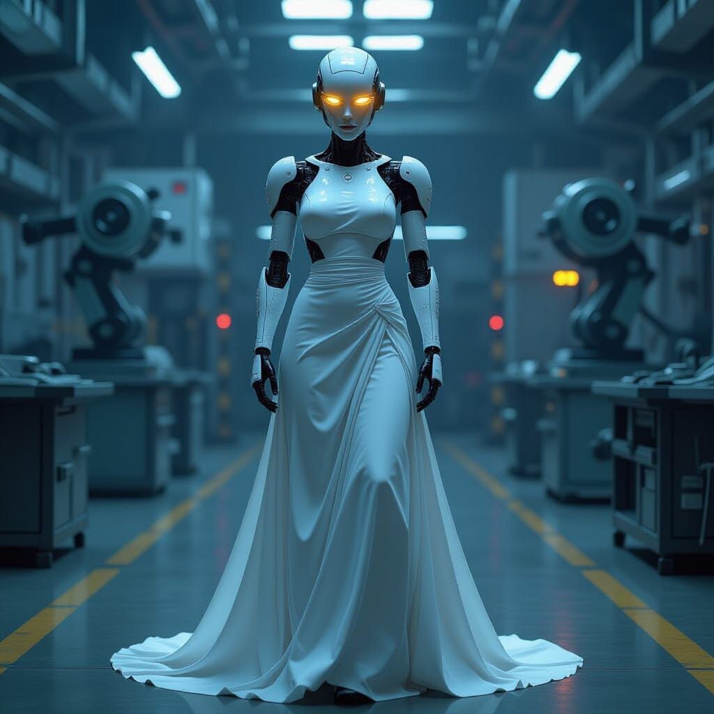 Robotic Woman in Cyberpunk Factory